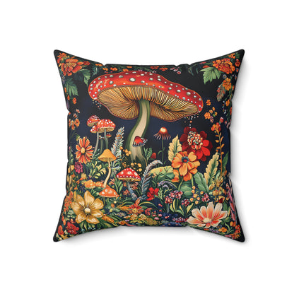 William Morris Style Mushroom and Botanicals Square Pillow, Red Mushroom and Flowers, insert included - Homevalley.co.uk