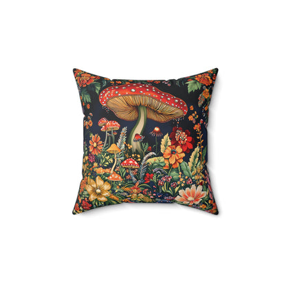 William Morris Style Mushroom and Botanicals Square Pillow, Red Mushroom and Flowers, insert included - Homevalley.co.uk