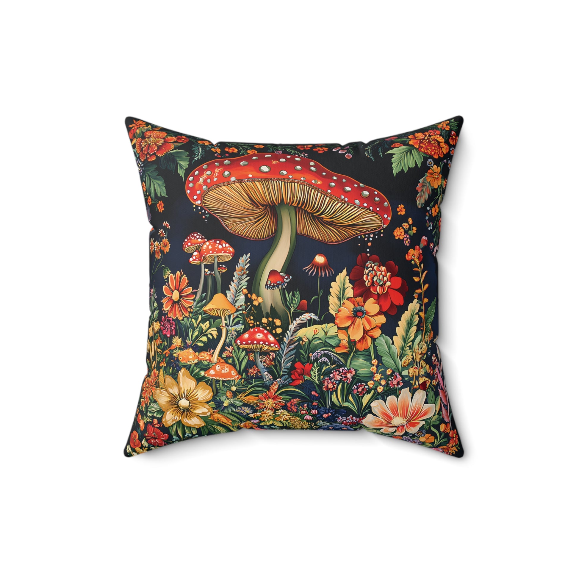 William Morris Style Mushroom and Botanicals Square Pillow, Red Mushroom and Flowers, insert included - Homevalley.co.uk