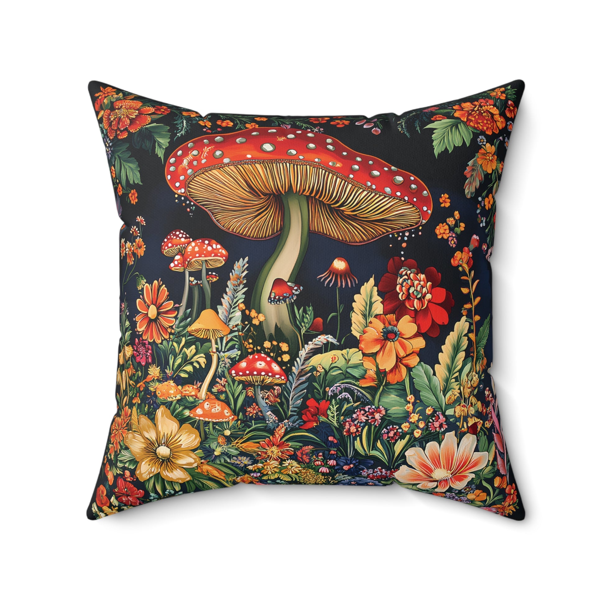 William Morris Style Mushroom and Botanicals Square Pillow, Red Mushroom and Flowers, insert included - Homevalley.co.uk