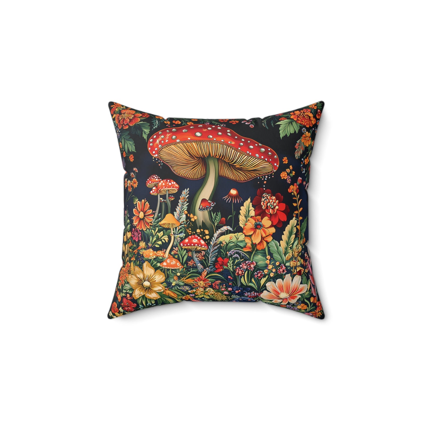 William Morris Style Mushroom and Botanicals Square Pillow, Red Mushroom and Flowers, insert included - Homevalley.co.uk