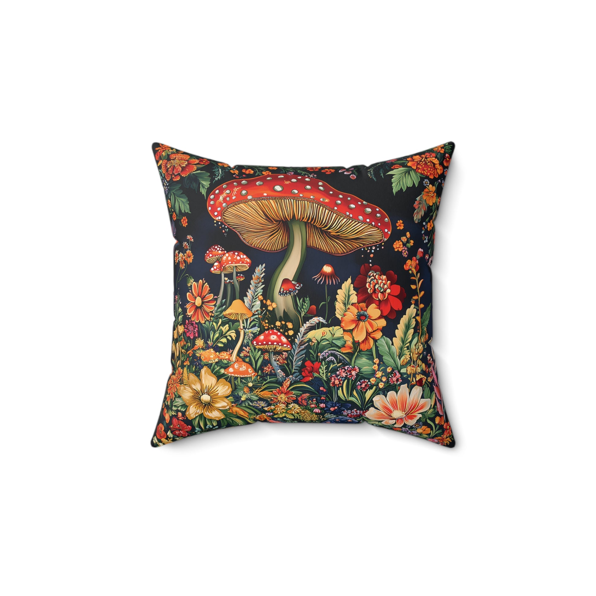 William Morris Style Mushroom and Botanicals Square Pillow, Red Mushroom and Flowers, insert included - Homevalley.co.uk