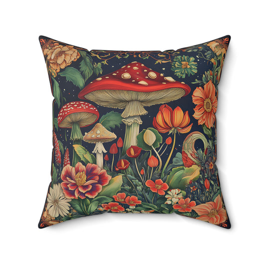 William Morris Style Mushroom and Botanicals Square Pillow, Red Toadstool Mushroom and Flowers, insert included - Homevalley.co.uk