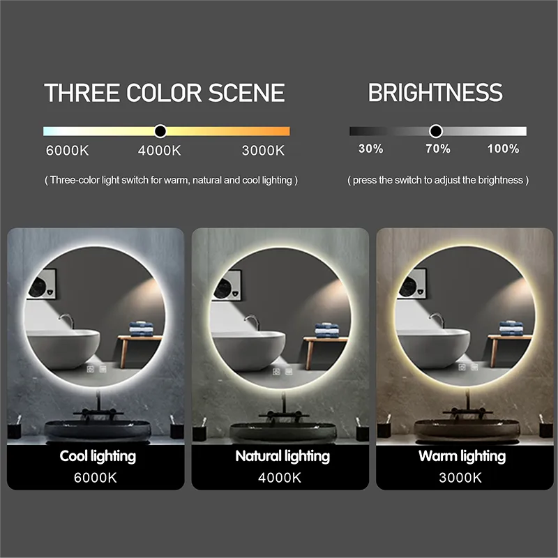 Round Smart Bathroom Mirror, Anti Fog Touch Screen - Homevalley.co.uk